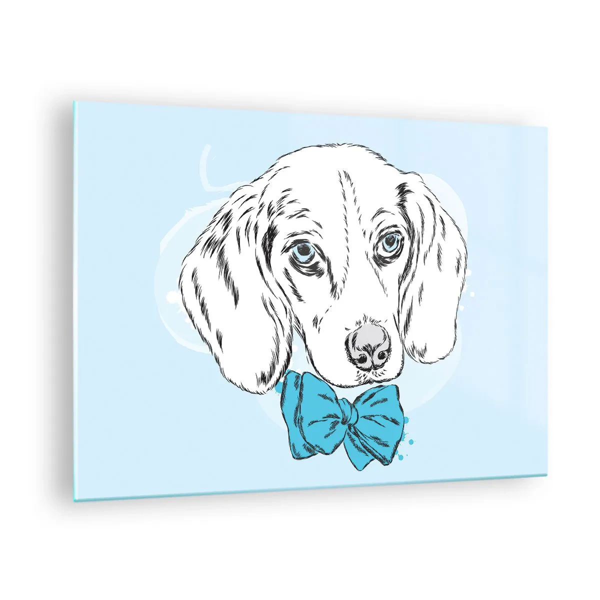 Schilderen op glas - Tekening van een hond met een vlinderdas op een blauwe achtergrond - 70x50cm - Hond elegantie - Moderne wanddecoratie voor woonkamer en slaapkamer ARTTOR