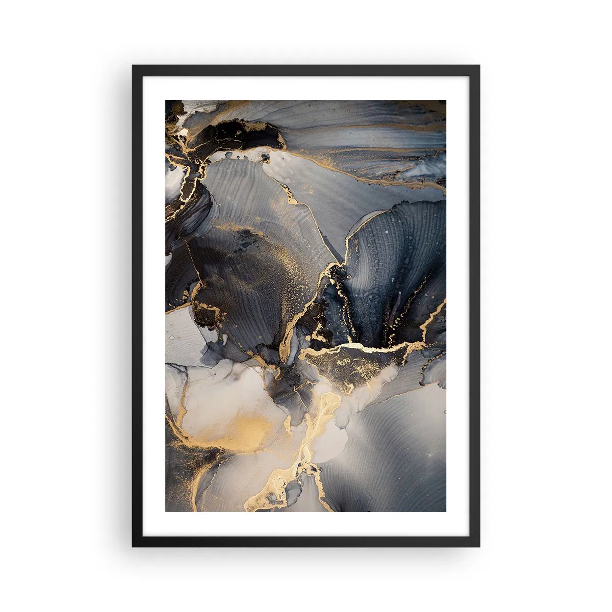 Poster in een zwarte lijst - Een abstracte compositie in donkere tinten met gouden accenten. - 50x70cm - Stenen leven - Moderne wanddecoratie voor woonkamer en slaapkamer ARTTOR
