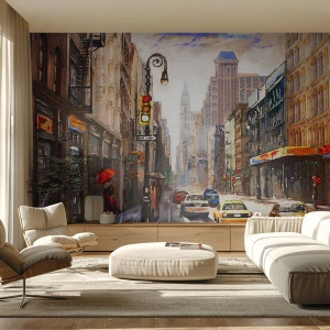 Fotobehang Premium Canvas - New York - ook kleurrijk in de regen - New York, Stad, Manhattan - 100x70 cm