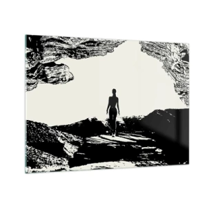 Schilderen op glas - Silhouet van een vrouw die uit een grot tevoorschijn komt in zwart-witafbeeldingen - 70x50cm - Een nieuwe kijk - Moderne wanddecoratie voor woonkamer en slaapkamer ARTTOR