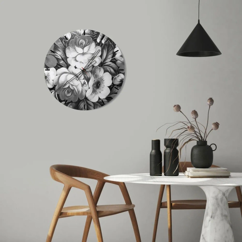 Wandklok - Klok - Zwart-witte bloemen in een delicate artistieke stijl - 30x30cm - Zelfs in grijs mooi - Moderne wanddecoratie voor woonkamer, keuken en slaapkamer ARTTOR