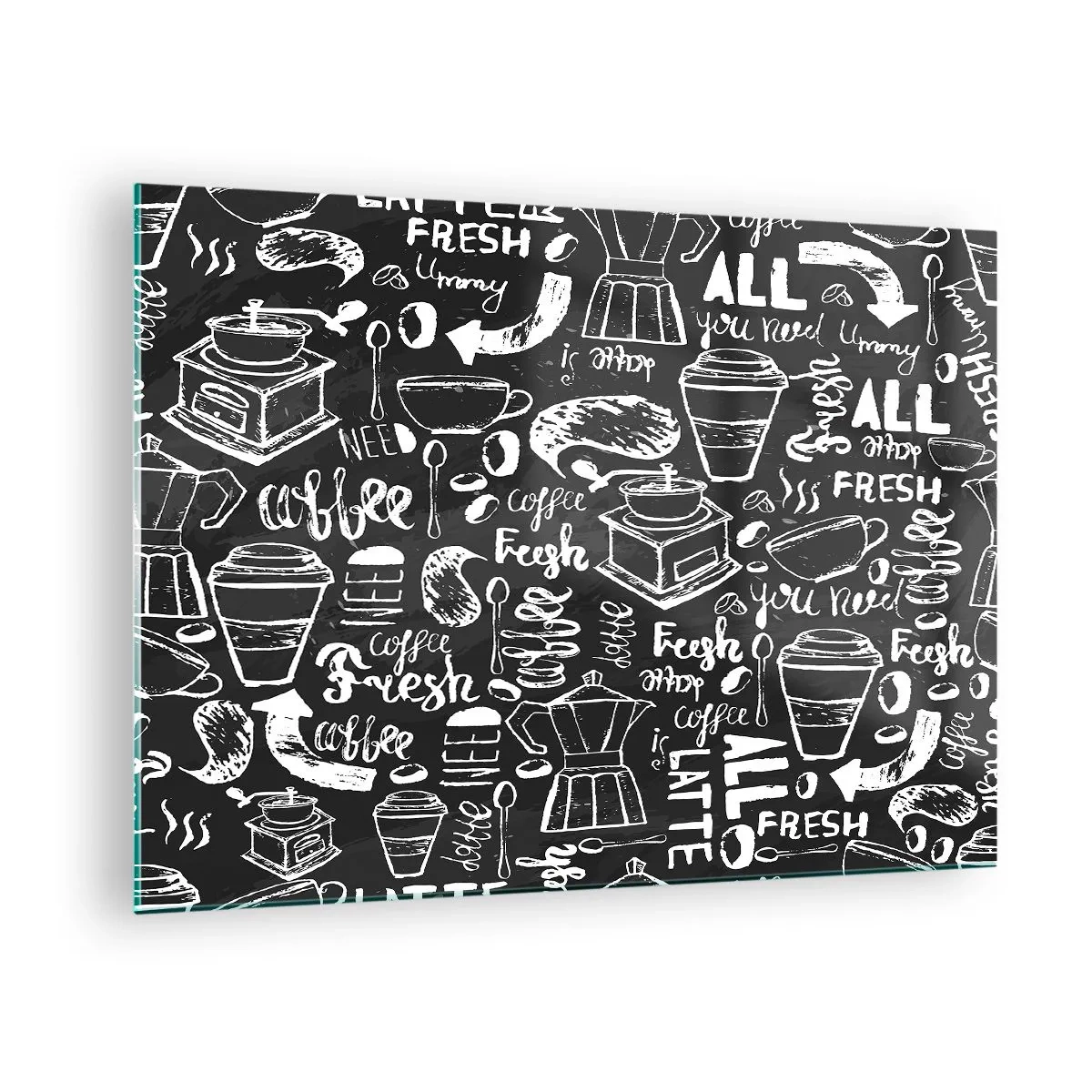Schilderen op glas - Koffie-afbeeldingen en letters op een zwarte achtergrond in retrostijl - 70x50cm - Alles wat je nodig hebt is… - Moderne wanddecoratie voor woonkamer en slaapkamer ARTTOR