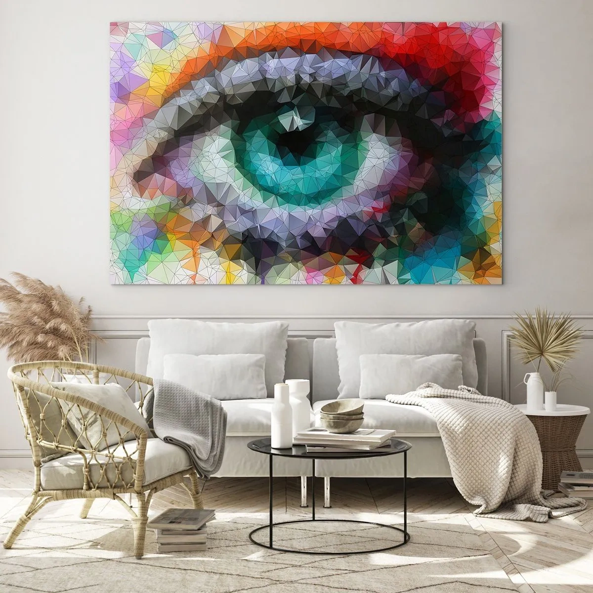 Schilderen op glas - Een geometrisch oog in levendige kleuren met een kristaleffect. - 70x50cm - Kristallijne gloed van de ogen - Moderne wanddecoratie voor woonkamer en slaapkamer ARTTOR