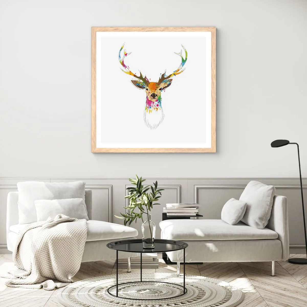 Een poster in een licht eiken lijst - Een zacht hert badend in kleur - 60x60 cm