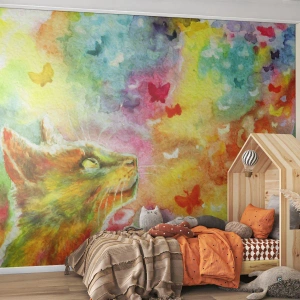 Fotobehang Standard Eco - Baju-baju in het kattenparadijs - Dieren, Kat, Vlinder - 200x140 cm