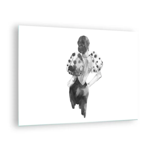 Schilderen op glas - Zwart-wit silhouet van een vrouw in een elegante outfit - 70x50cm - Ze kwam langs - Moderne wanddecoratie voor woonkamer en slaapkamer ARTTOR
