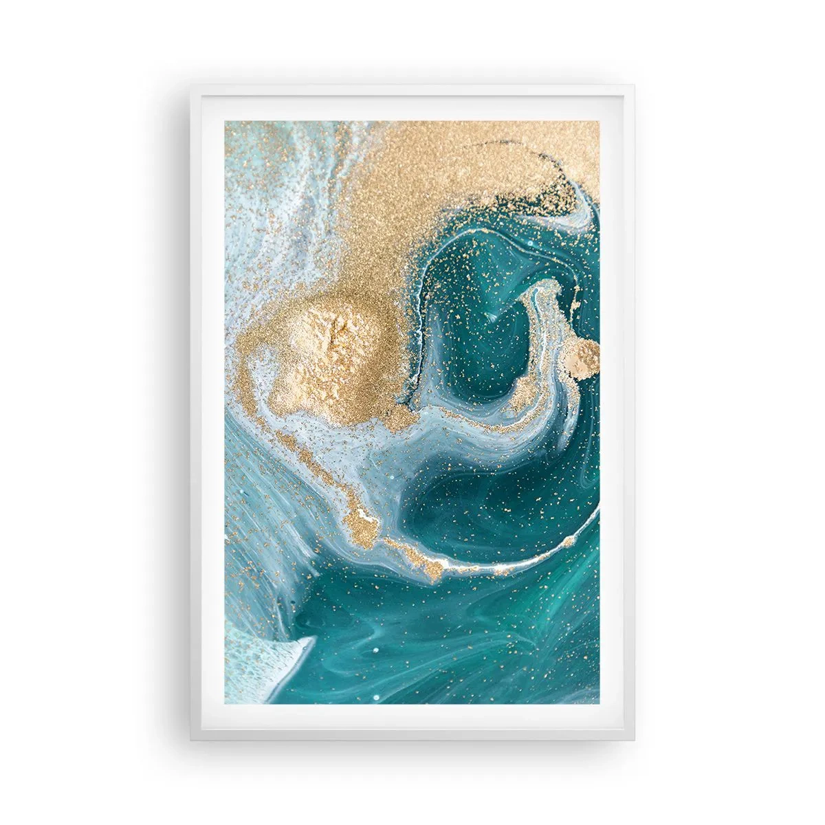 Poster in een witte lijst - Een werveling van goud en turkoois - 61x91 cm