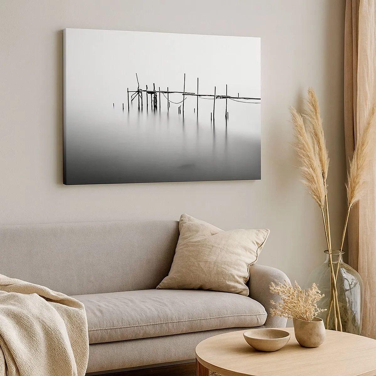 Schilderen op canvas - Een zwart-witte pier ondergedompeld in een mistig landschap - 70x50cm - Wat als er geen wereld is? - Moderne wanddecoratie voor woonkamer en slaapkamer ARTTOR