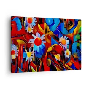 Schilderen op canvas - Abstracte bloemen tegen een achtergrond van geometrische patronen - 70x50cm - De kleuren van het leven - Moderne wanddecoratie voor woonkamer en slaapkamer ARTTOR