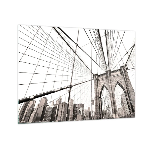 Schilderen op glas - Een hangbrug met op de achtergrond een stadsgezicht in sepia - 70x50cm - Kathedraal van New York - Moderne wanddecoratie voor woonkamer en slaapkamer ARTTOR