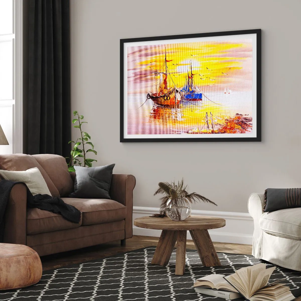 Poster in een zwarte lijst - Een welverdiende rust in de haven - 100x70 cm