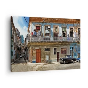 Schilderen op canvas - Kleurrijke huurkazernes en een klassieke auto in het stedelijk landschap - 70x50cm - Havana-vibes - Moderne wanddecoratie voor woonkamer en slaapkamer ARTTOR