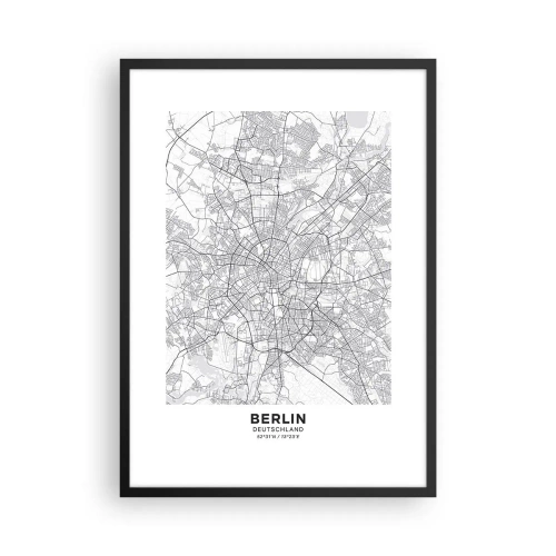 Poster in een zwarte lijst - Een zwart-witkaart van Berlijn met nauwkeurig aangegeven straten. - 50x70cm - Berlijnse bloem - Moderne wanddecoratie voor woonkamer en slaapkamer ARTTOR