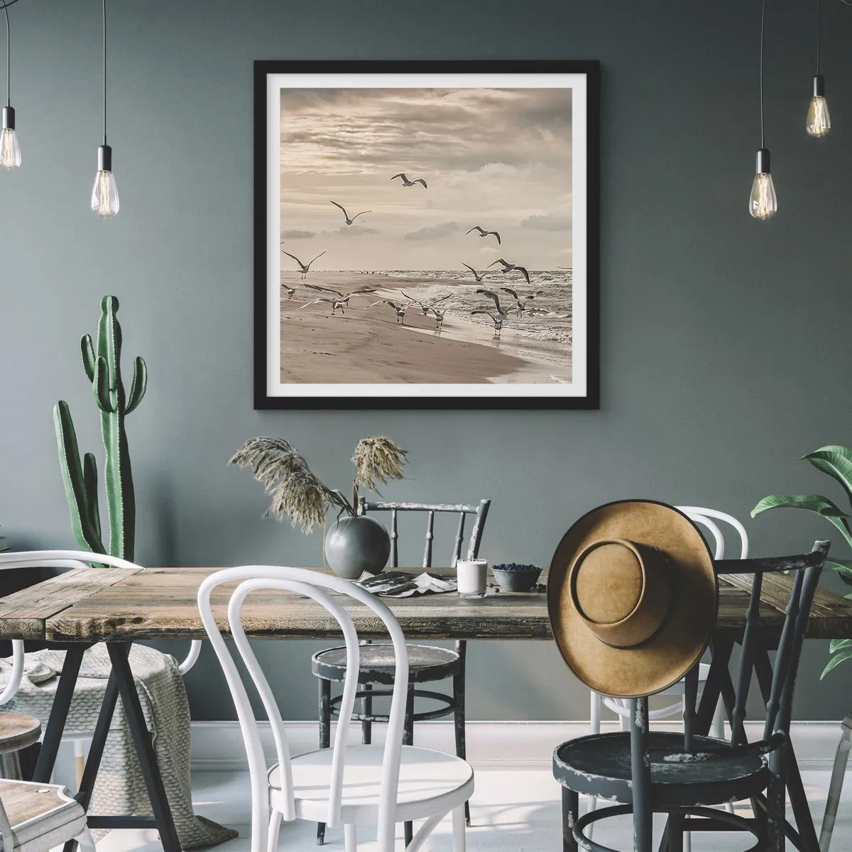 Poster in een zwarte lijst - Het geluid van de zee, het zingen van vogels - 40x40 cm