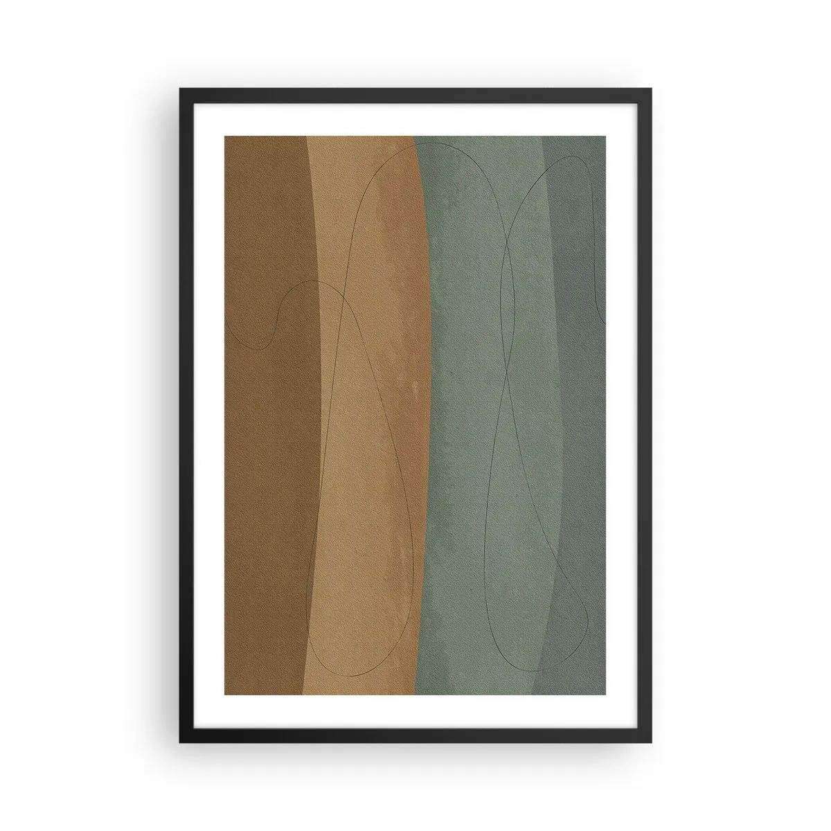 Poster in een zwarte lijst - Organische lijnen op aardse en groene achtergronden - 50x70cm - Horizontale compositie - Moderne wanddecoratie voor woonkamer en slaapkamer ARTTOR
