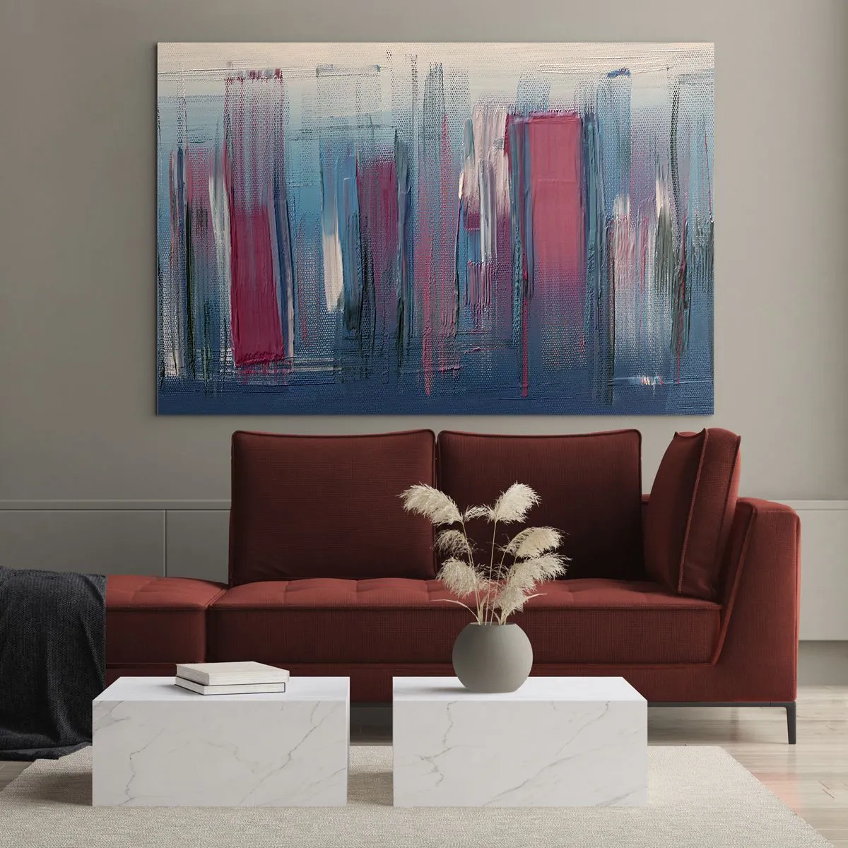 Schilderen op glas - Verticale penseelstreken in rood en blauw op een beige achtergrond - 70x50cm - Verticale compositie in blauw en rood - Moderne wanddecoratie voor woonkamer en slaapkamer ARTTOR