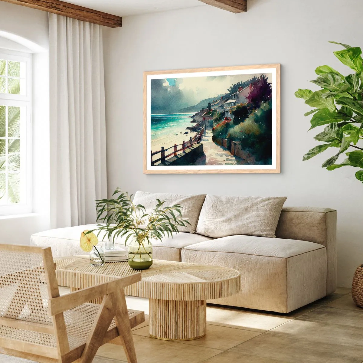 Een poster in een licht eiken lijst - Mediterrane stad - 100x70 cm