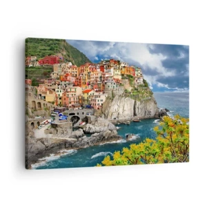 Schilderen op canvas - Kleurrijke huizen op een klif met uitzicht op de zee in Cinque Terre - 70x50cm - Een groepje geklampt an de rots - Moderne wanddecoratie voor woonkamer en slaapkamer ARTTOR