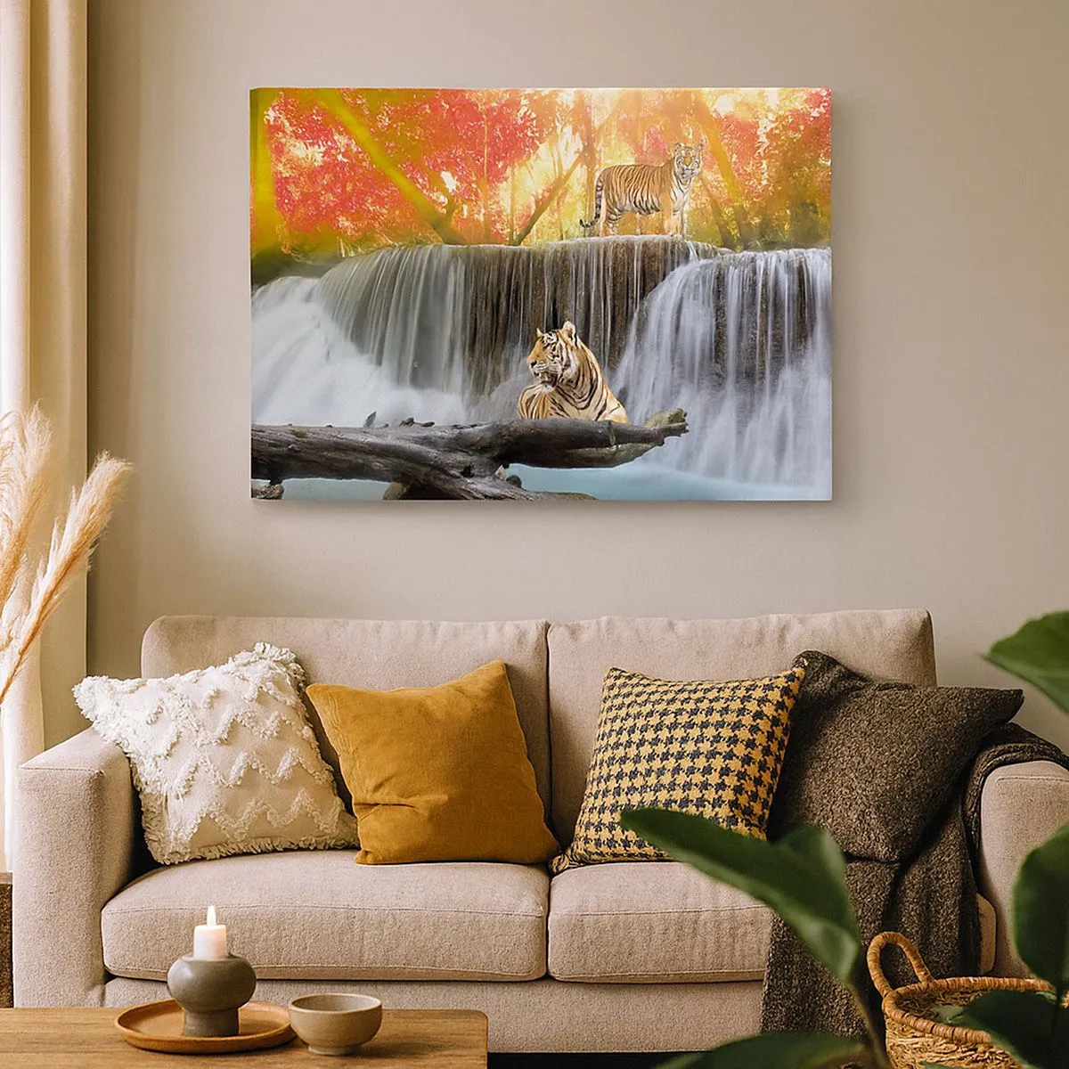 Schilderen op canvas - Tijgers bij een waterval in het herfstbos - 70x50cm - Surrealistisch landschap - Moderne wanddecoratie voor woonkamer en slaapkamer ARTTOR