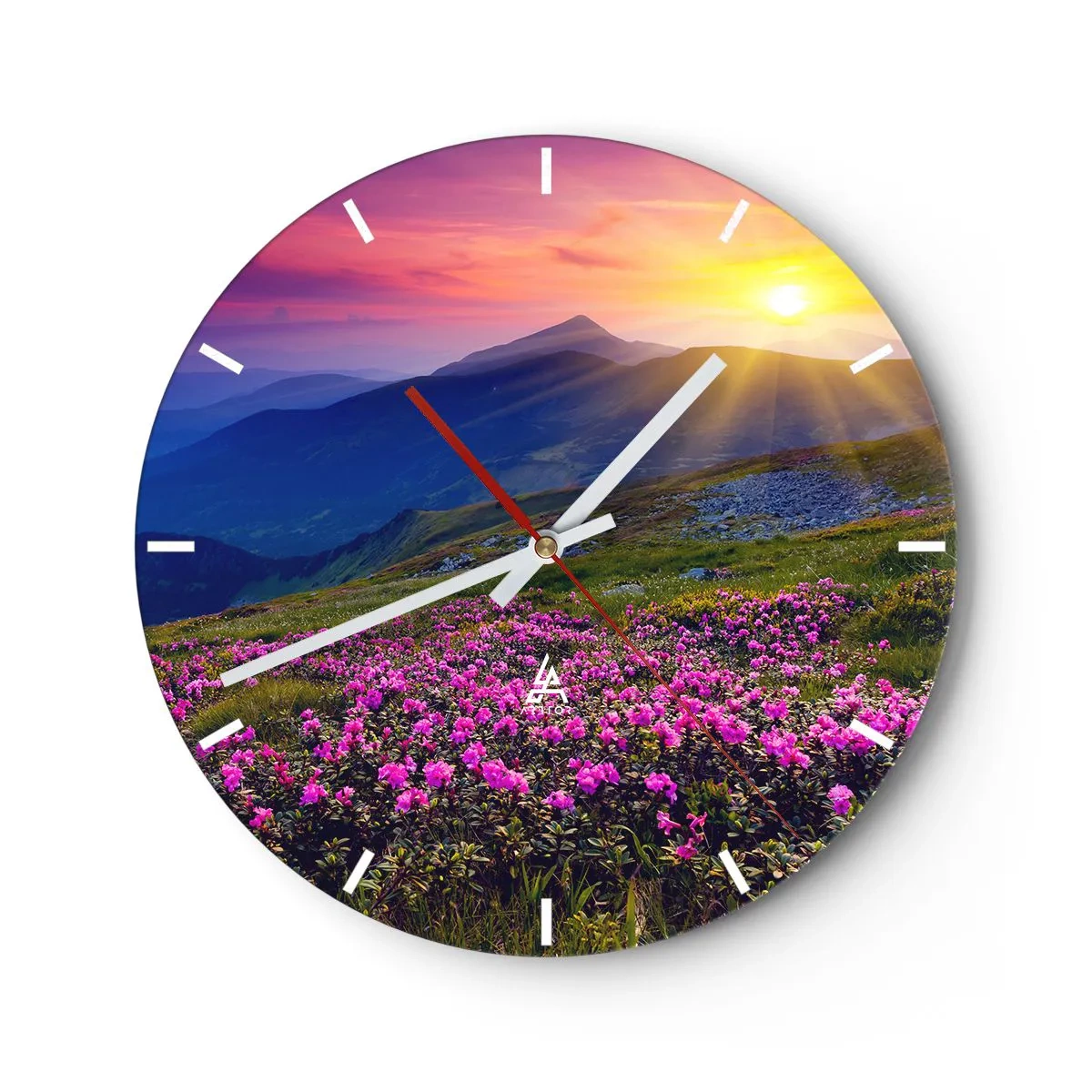 Wandklok - Klok - Berglandschap bij zonsondergang met bloeiende bloemen - 30x30cm - … En eromheen ruikt het naar bergdennen en de geur van kruiden - Moderne wanddecoratie voor woonkamer, keuken en slaapkamer ARTTOR