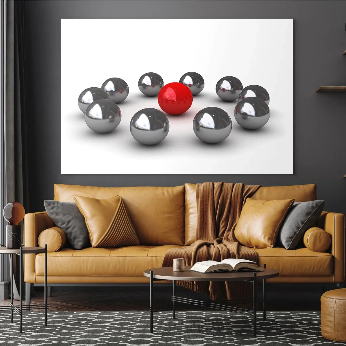 Schilderen op glas - Een rode bal omgeven door zilver op een witte achtergrond - 70x50cm - Een cirkel in zilver en rood - Moderne wanddecoratie voor woonkamer en slaapkamer ARTTOR