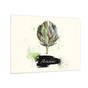 Schilderen op glas - Aquarel artisjokafbeelding met het woord Artisjok erop geschreven - 70x50cm - Eviva-groenten! - Moderne wanddecoratie voor woonkamer en slaapkamer ARTTOR