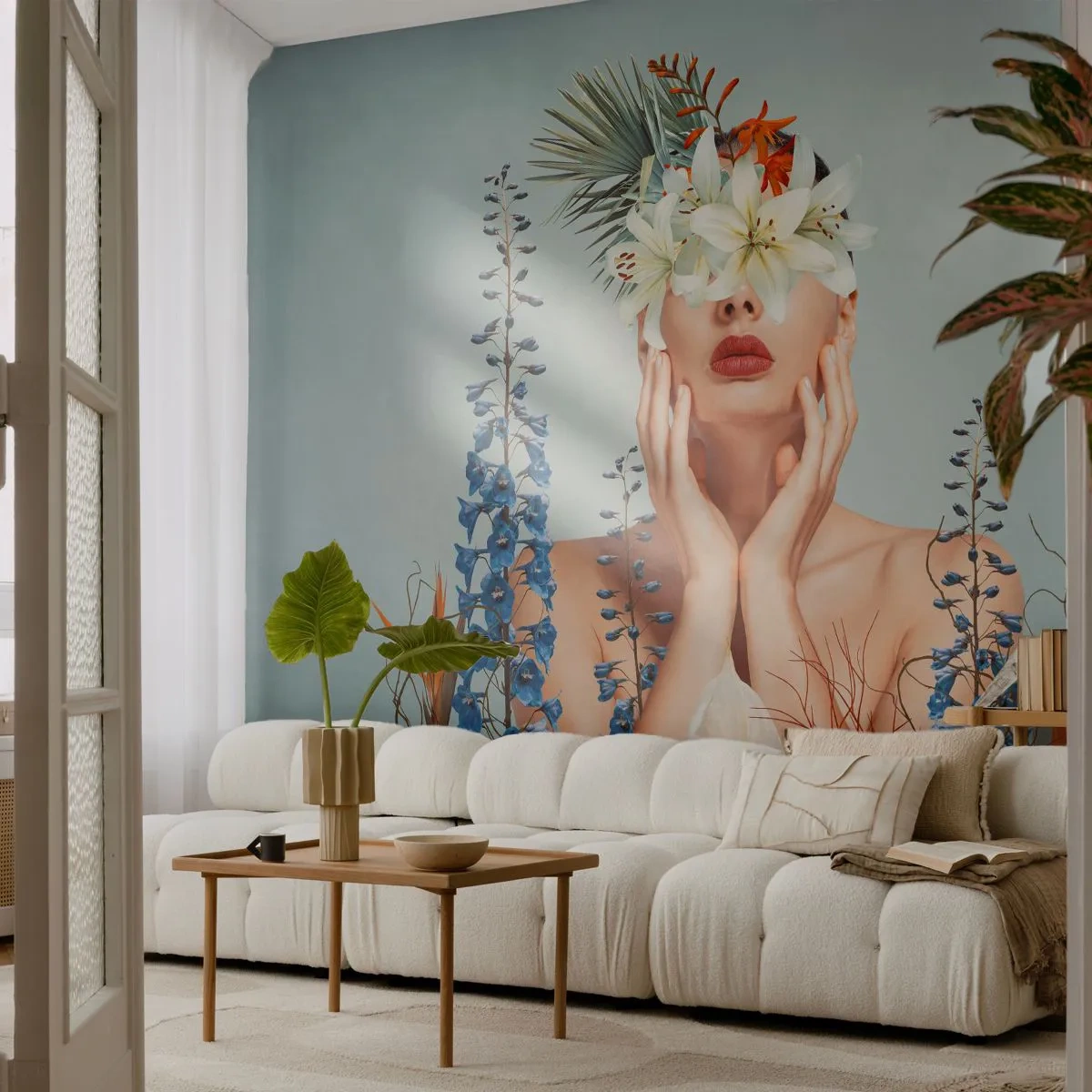 Fotobehang Premium Sand - Vrouw - bloem - Abstractie, Vrouw, Bloemen - 250x175 cm