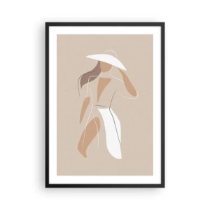Poster in een zwarte lijst - Een minimalistisch silhouet van een vrouw met een hoed op een beige achtergrond. - 50x70cm - Mode is leuk - Moderne wanddecoratie voor woonkamer en slaapkamer ARTTOR