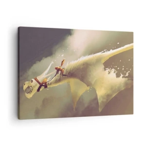 Schilderen op canvas - Illustratie van een drakenrijder in een fantasiewolkenlandschap - 70x50cm - De wereld te hulp - Moderne wanddecoratie voor woonkamer en slaapkamer ARTTOR