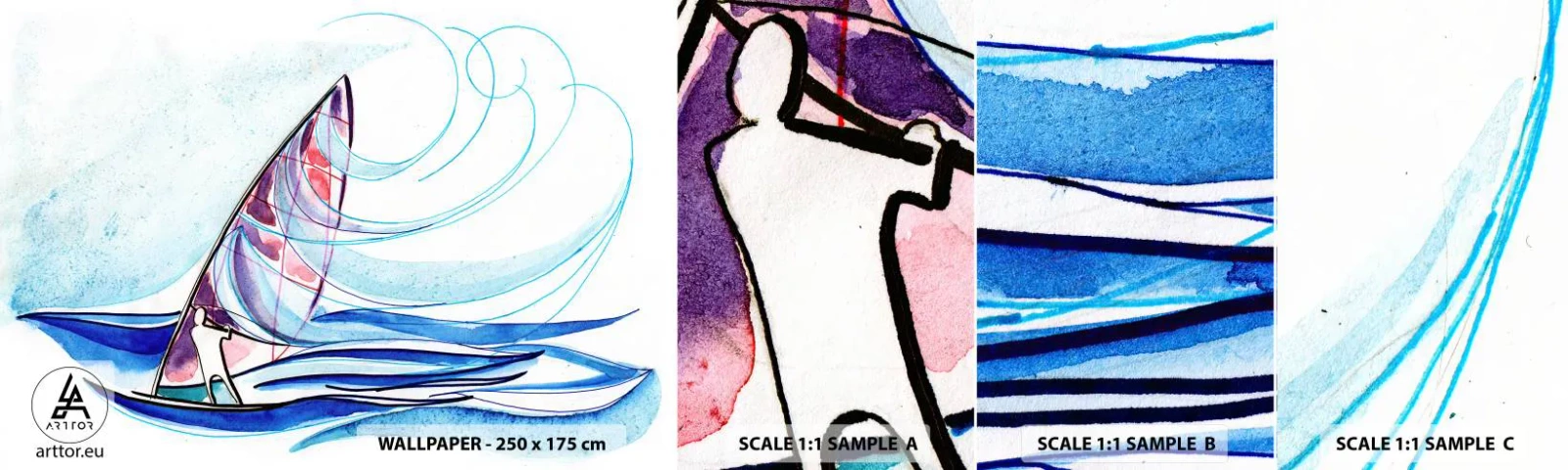 Fotobehang Monster Zelfklevend Deluxe Sticker - Met de wind op het ritme van de golven - Het windsurfen, Sport, Zee - 100x30 cm