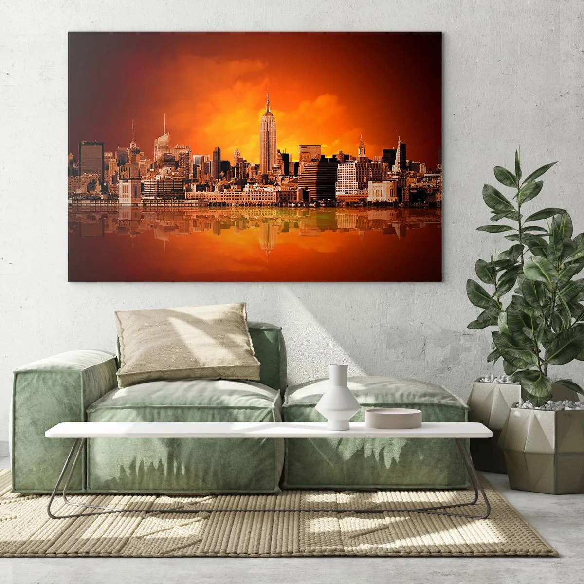 Schilderen op glas - Panorama van de stad bij zonsondergang - 70x50cm - Het grote stadspanorama in geel en brons - Moderne wanddecoratie voor woonkamer en slaapkamer ARTTOR