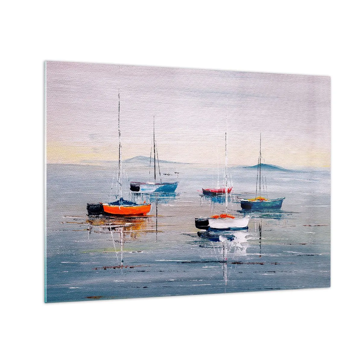 Schilderen op glas - Kleurrijke boten die bij zonsondergang op het kalme water drijven - 70x50cm - Een welverdiende rust - Moderne wanddecoratie voor woonkamer en slaapkamer ARTTOR
