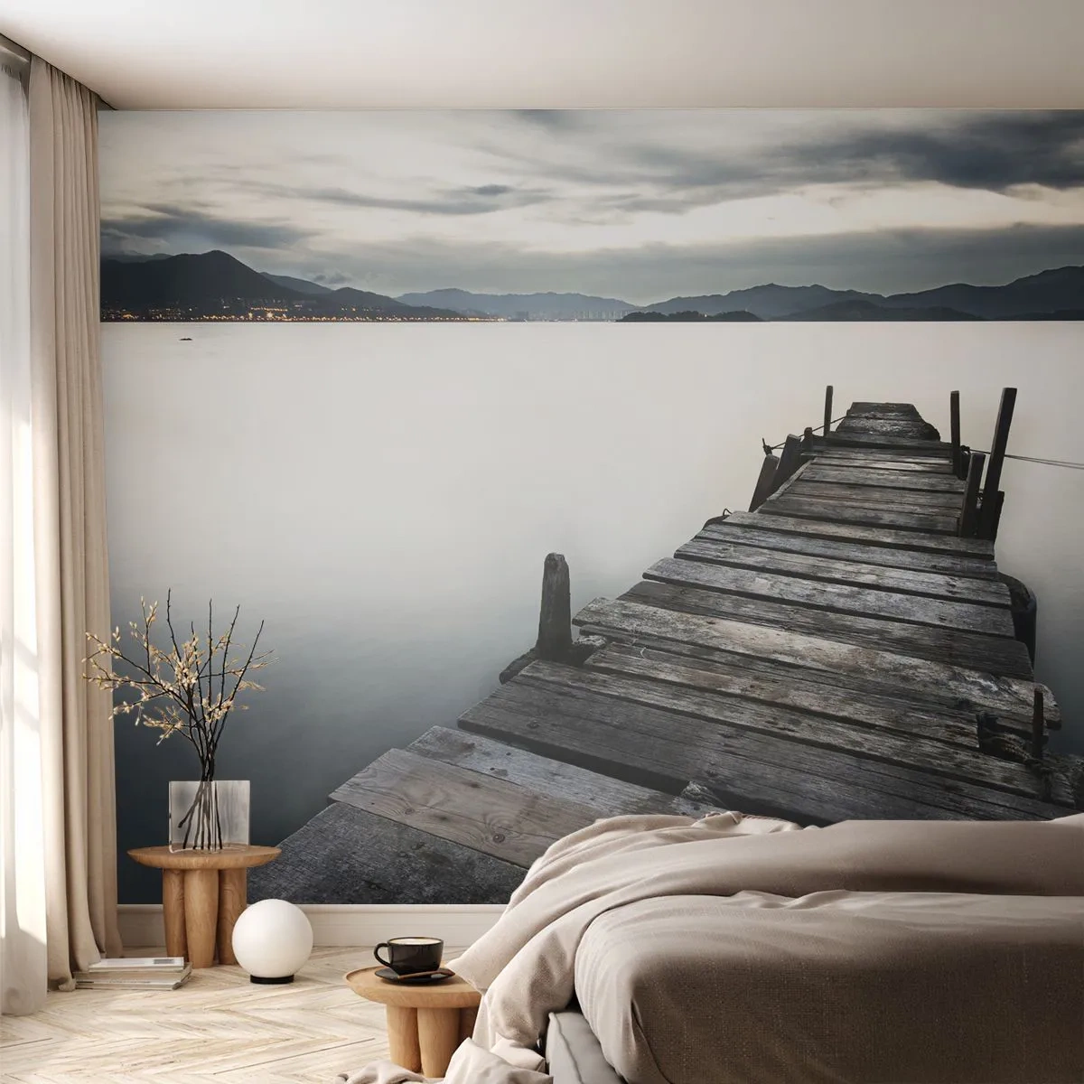 Fotobehang Premium Sand - Dompel je onder in vrede - Landschap, Meer, Houten brug - 100x70 cm