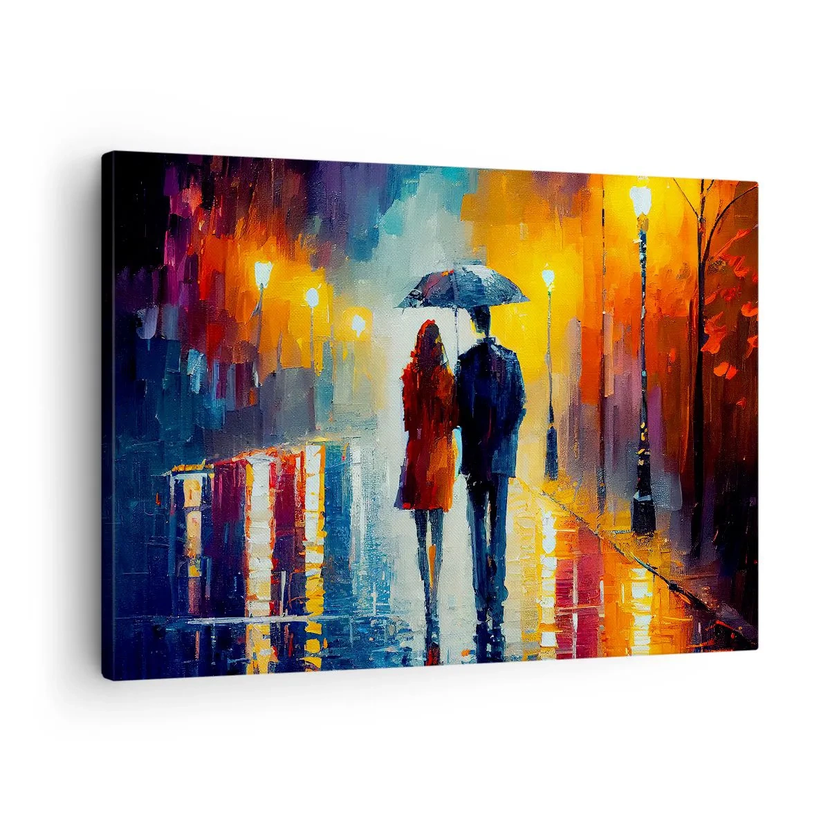 Schilderen op canvas - Een stel onder een paraplu dat door een kleurrijke nachtstad loopt - 70x50cm - Samen – een kleurrijke nacht - Moderne wanddecoratie voor woonkamer en slaapkamer ARTTOR