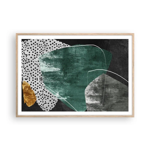 Een poster in een licht eiken lijst - Kleurrijke abstractie met bladgoud - 100x70 cm