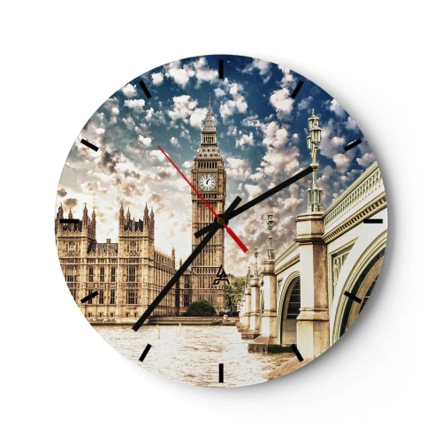 Wandklok - Klok - Big Ben en de Thames Bridge in Londen op een zonnige dag - 30x30cm - Luchtige wolken boven de Theems - Moderne wanddecoratie voor woonkamer, keuken en slaapkamer ARTTOR