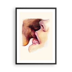 Poster in een zwarte lijst - Aquarellippen in een intieme kus tegen een lichte achtergrond - 50x70cm - Zoals dag en nacht, aarde en lucht - Moderne wanddecoratie voor woonkamer en slaapkamer ARTTOR