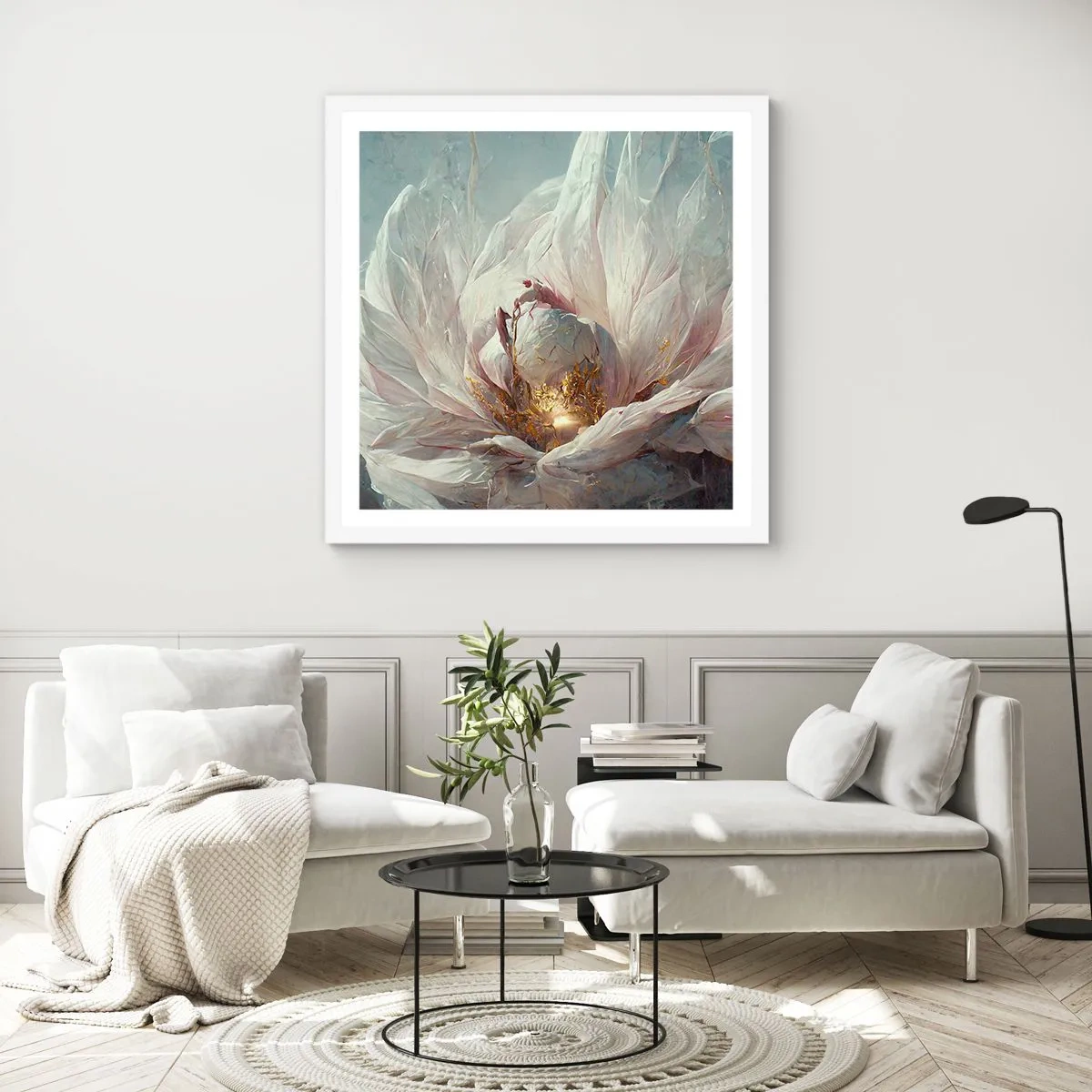 Poster in een witte lijst - Hij bloeit eens in de honderd jaar - 50x50 cm