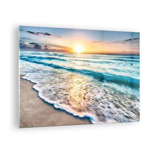 Schilderen op glas - Strand in de ochtend met golven en zonsopgang - 70x50cm - Een uitzicht dat de moeite waard is - Moderne wanddecoratie voor woonkamer en slaapkamer ARTTOR