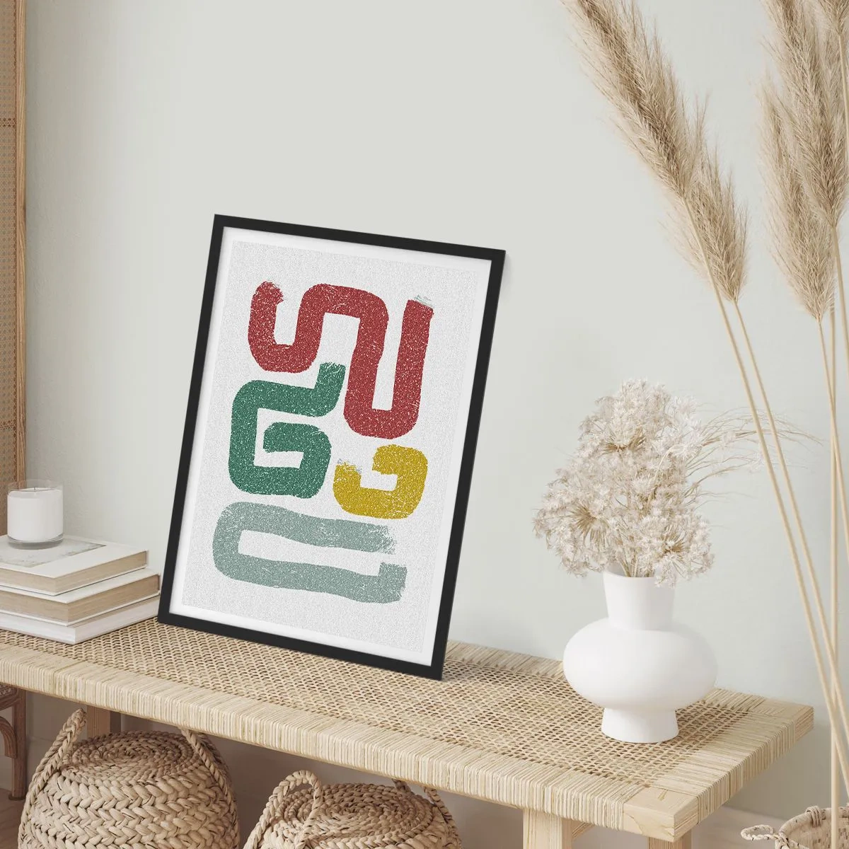 Poster in een zwarte lijst - Abstracte vormen in aardse tinten op een lichte achtergrond - 50x70cm - In een onbekende taal - Moderne wanddecoratie voor woonkamer en slaapkamer ARTTOR