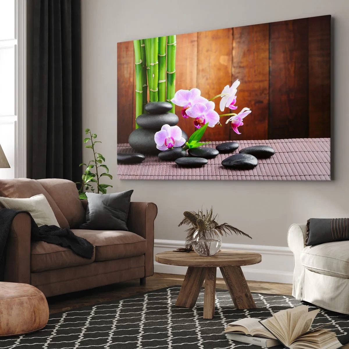 Schilderen op canvas - Zen-stijl bamboe, stenen en roze orchideeën op een houten achtergrond - 70x50cm - Maak kennis met de geneugten van het oosten - Moderne wanddecoratie voor woonkamer en slaapkamer ARTTOR