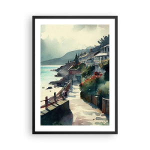 Poster in een zwarte lijst - Een pittoresk kustpad in aquarelstijl - 50x70cm - Mediterrane stad - Moderne wanddecoratie voor woonkamer en slaapkamer ARTTOR