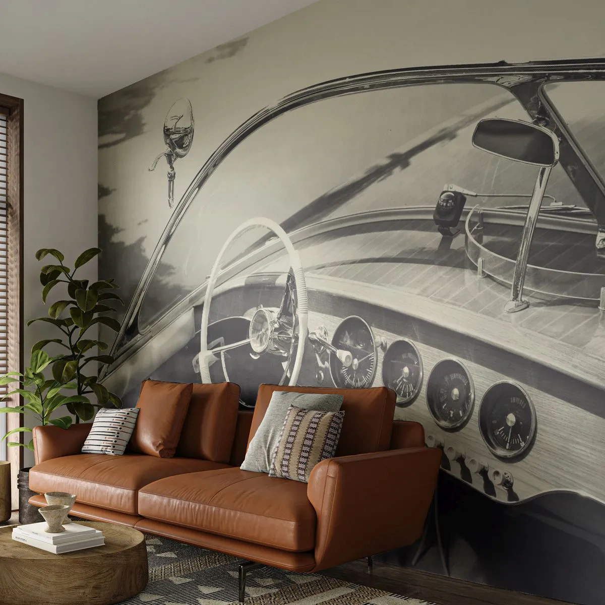 Fotobehang Standard Eco - Weer voor de rijken - Uitstekende boot, Motorboot, Zwart en wit - 400x280 cm
