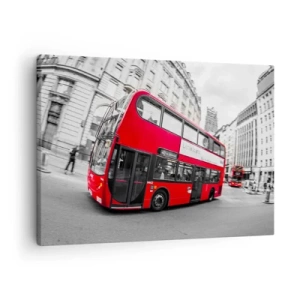 Schilderen op canvas - Een rode Londense bus tegen een zwart-witte straat - 70x50cm - Londen traditioneel - by bus - Moderne wanddecoratie voor woonkamer en slaapkamer ARTTOR