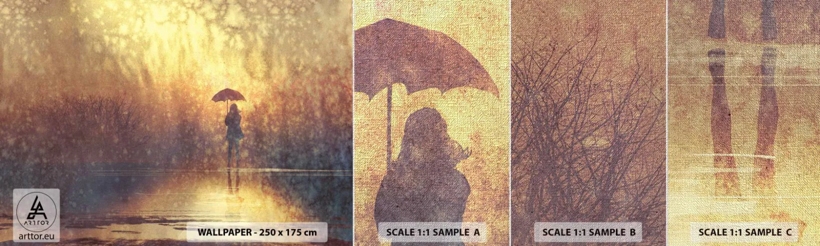 Fotobehang Monster Premium Canvas - Ik voel dat iemand naar me kijkt - Abstractie, Vrouw, Lopen in de regen - 100x30 cm