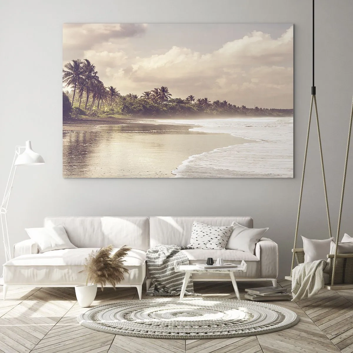 Schilderen op glas - Een goudkleurig strand met palmbomen en een kalme oceaan in het zachte licht - 70x50cm - De streling van de golven - Moderne wanddecoratie voor woonkamer en slaapkamer ARTTOR