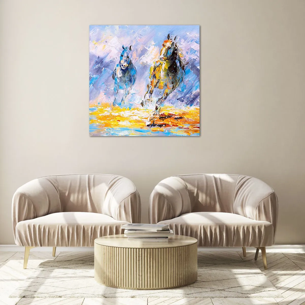 Schilderen op glas - Galopperen door de schittering - 70x70 cm
