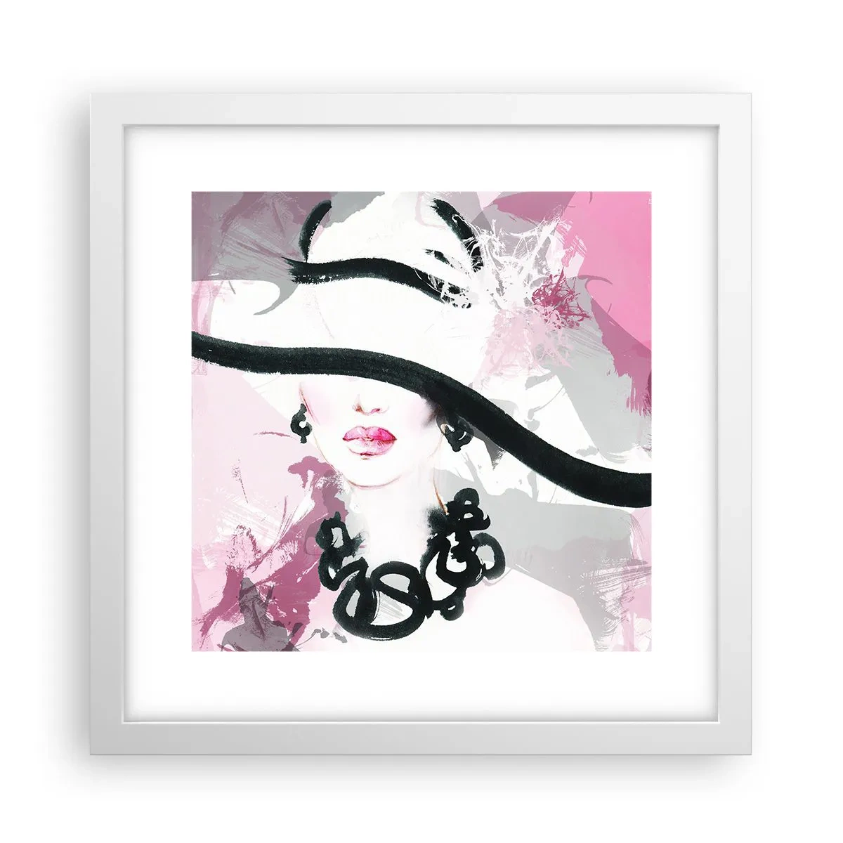 Poster in een witte lijst - Portret van een dame in zwart en roze - 30x30 cm