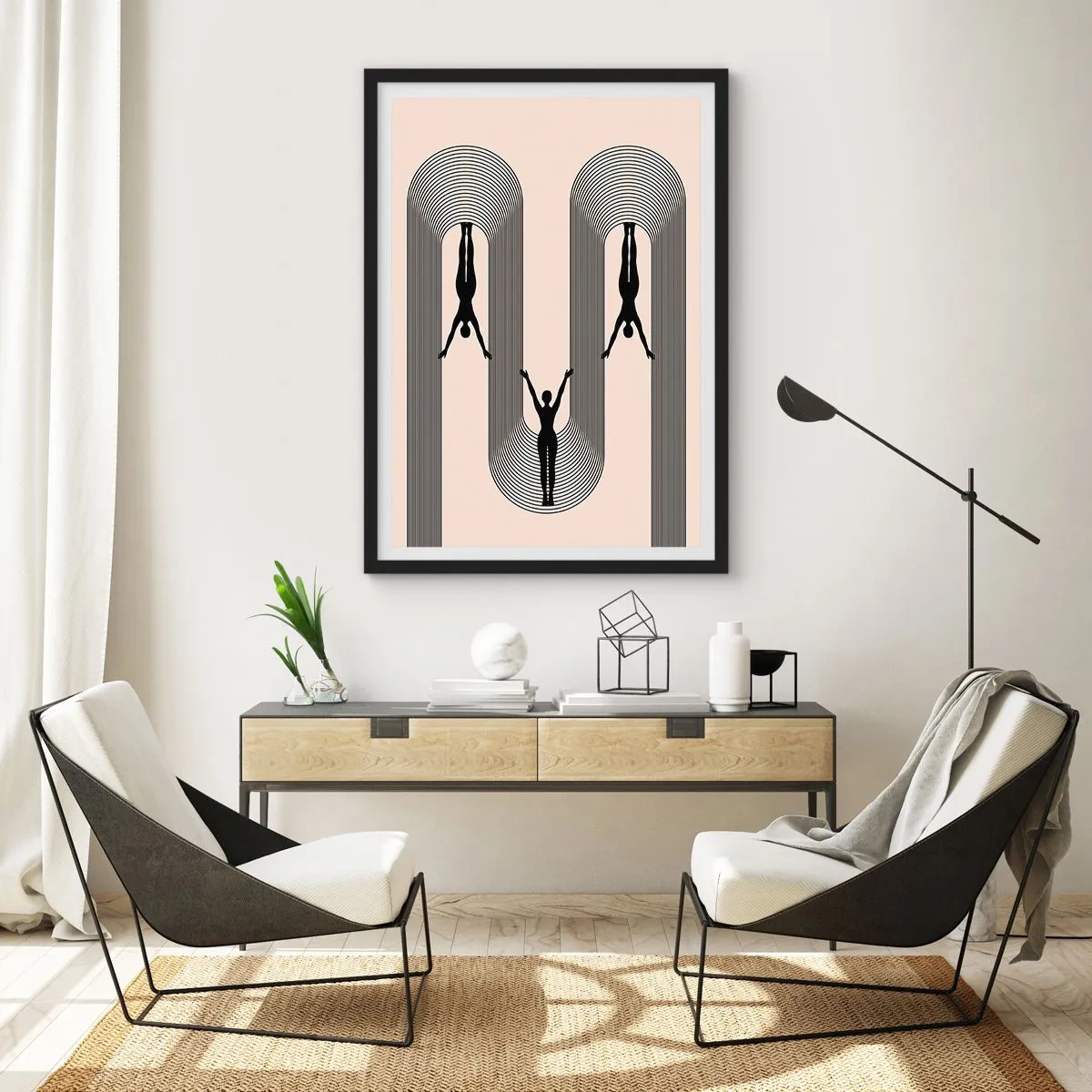 Poster in een zwarte lijst - Minimalistische silhouetten in een geometrische compositie - 50x70cm - Op zijn kop - Moderne wanddecoratie voor woonkamer en slaapkamer ARTTOR