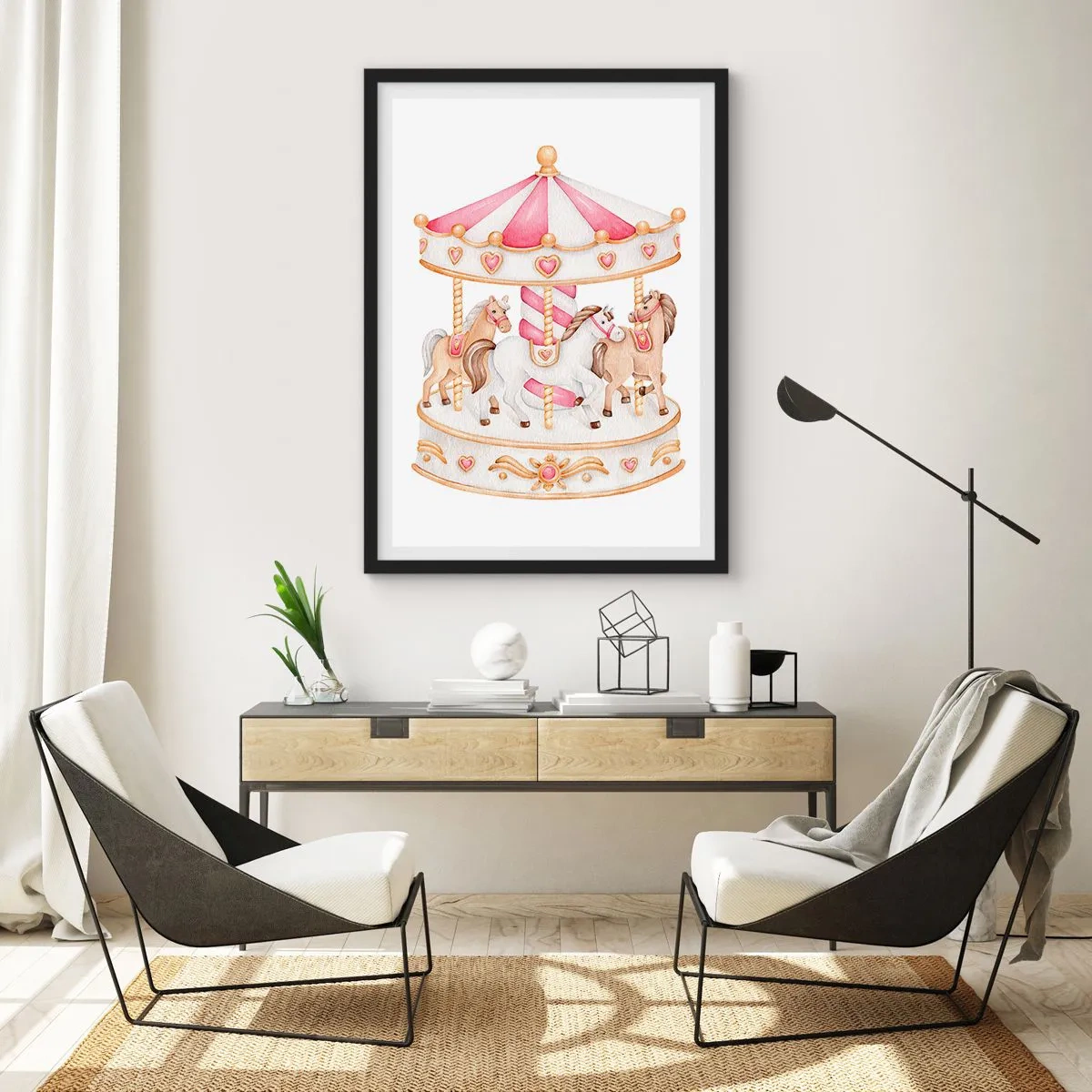 Poster in een zwarte lijst - Aquarelcarrousel in pasteltinten roze - 50x70cm - De zoete kinderwereld - Moderne wanddecoratie voor woonkamer en slaapkamer ARTTOR